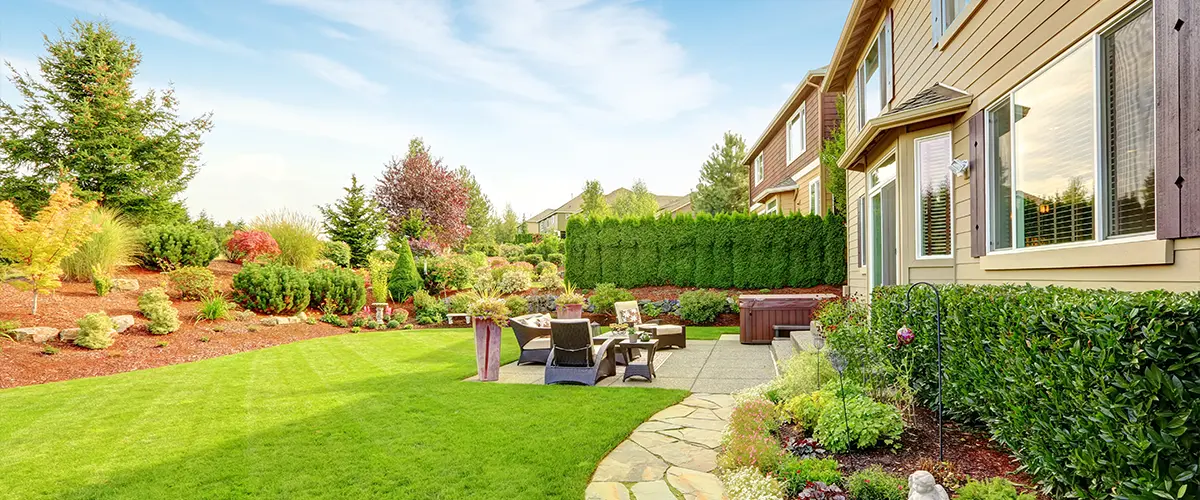 Large backyard with manicured lawn, garden, and outdoor seating area.