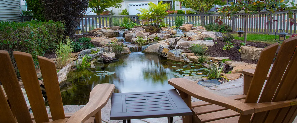 Ecosystem pond with waterfall, aquatic plants, stone features, and wooden seating in landscaped backyard.