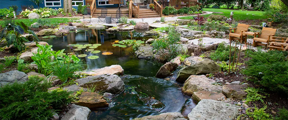 Backyard pond surrounded by plants and stone edging