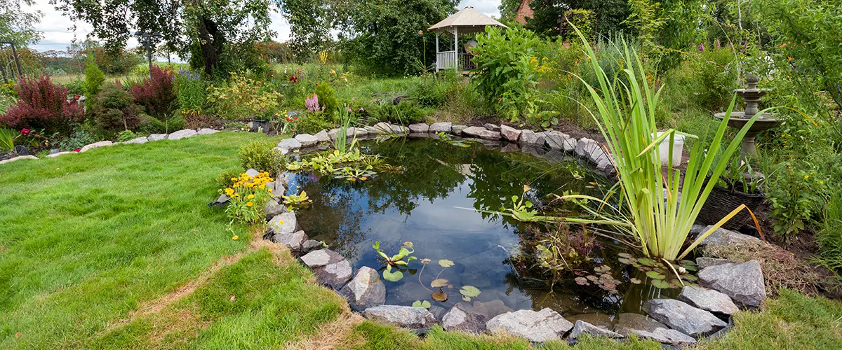 Custom garden pond with rock waterfall and lily pads