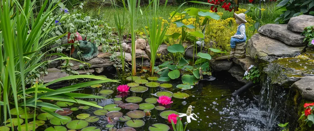 Decorative garden pond with waterfall and lily pads