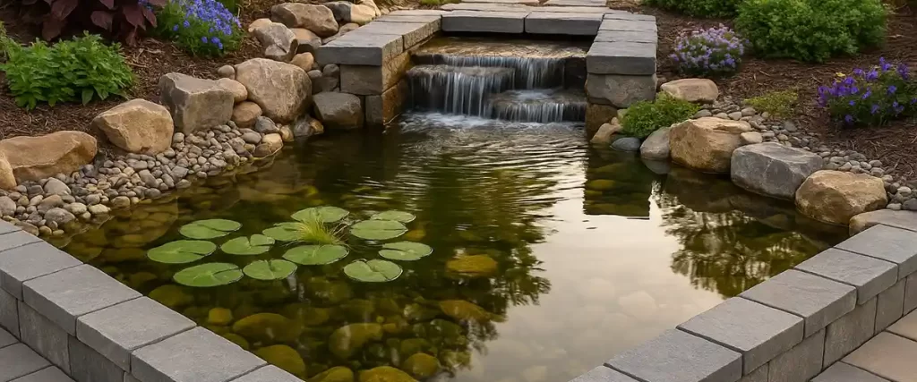 Backyard pond with stone waterfall and lily pads