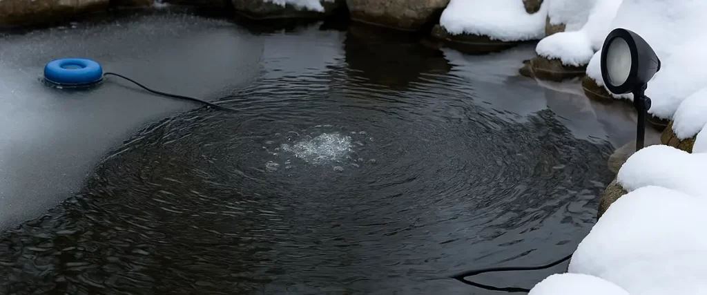 A koi pond in winter with a de-icer and aerator keeping water oxygenated and ice-free