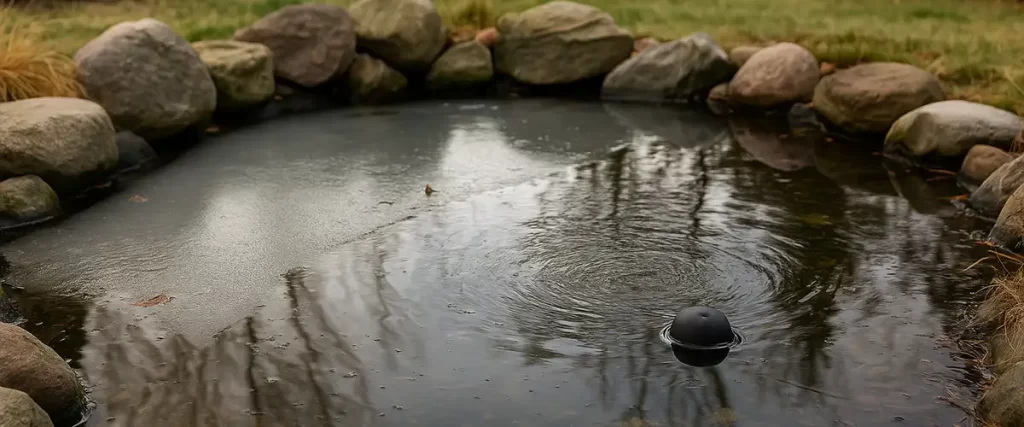 Winter koi pond with aerator maintaining open water and circulation
