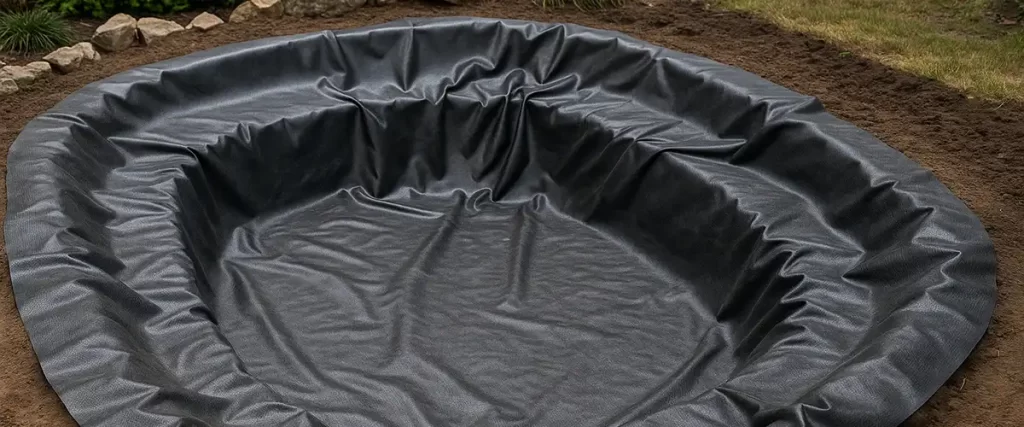 Newly installed black pond liner before filling with water
