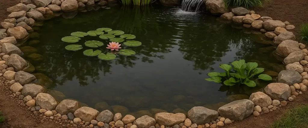 Pond with natural stone border and water plants around small waterfall