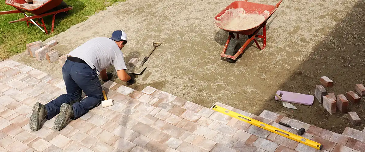 contractor installing concrete pavers