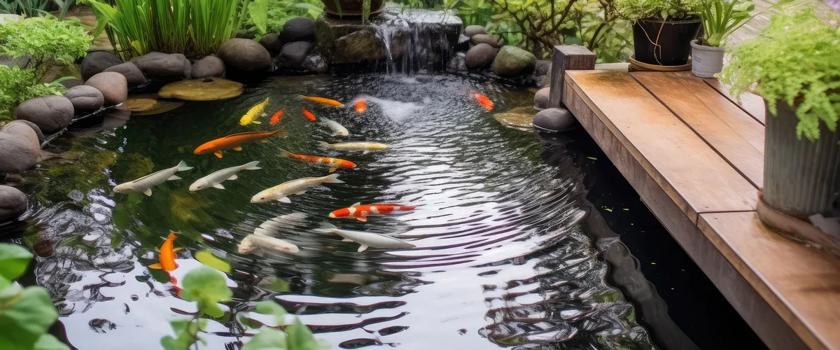 A vibrant backyard koi pond featuring a variety of colorful orange and white koi fish swimming near a stone waterfall and a wooden garden walkway.