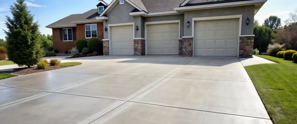A wide-angle view of a professionally installed light gray concrete driveway featuring clean control joints leading to a modern three-car garage and brick home.