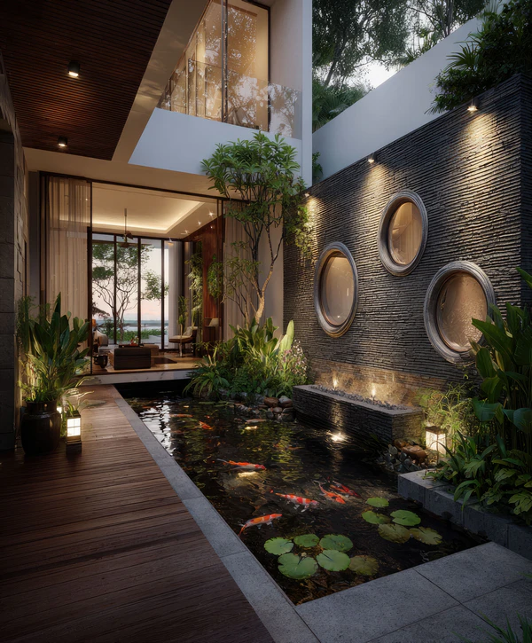 A luxury modern home featuring professional koi pond building in Oviedo, FL, with a wooden deck, stone accent wall, and glowing underwater lighting.