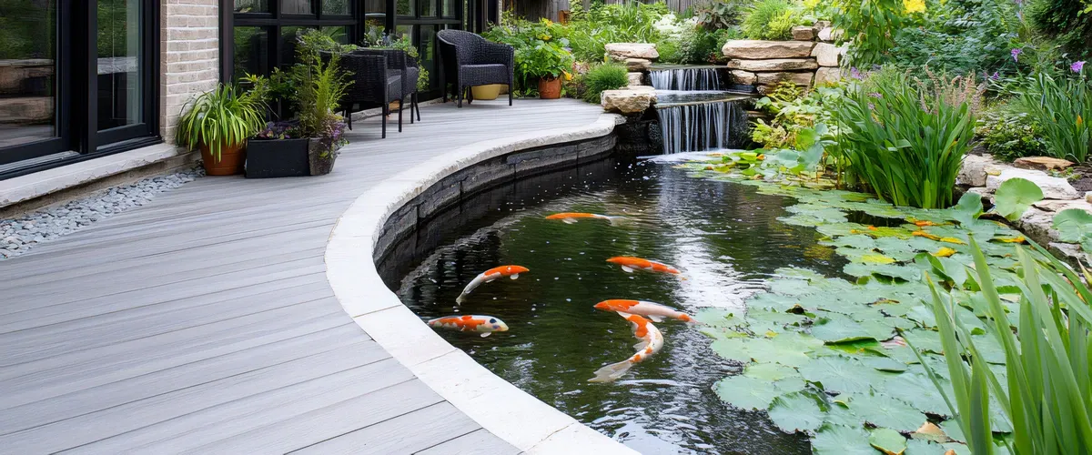 An elegant outdoor garden pond with a two-tier stone waterfall, several large koi fish, lily pads, and a curved gray composite deck.