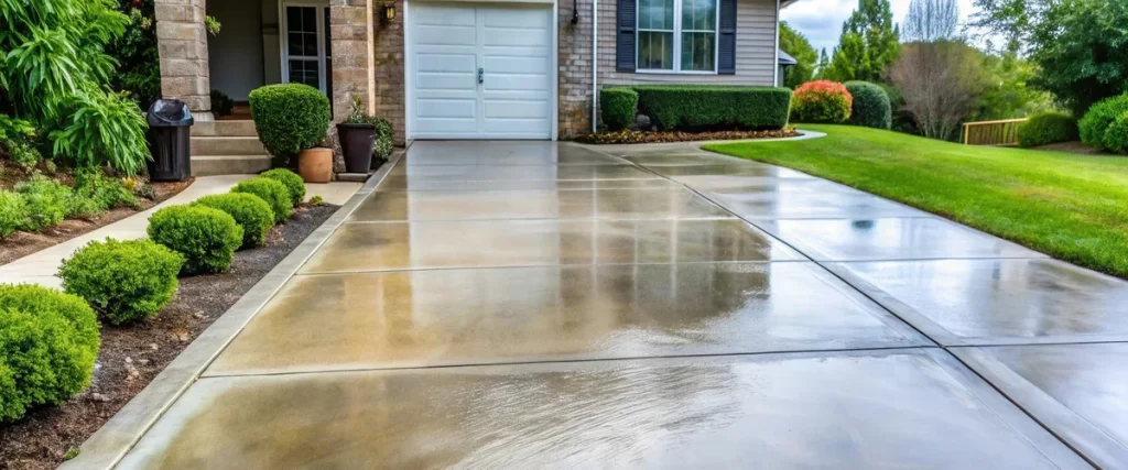 A close-up view of a wet concrete driveway glistening under cloudy skies after a fresh rain, highlighting the smooth texture and professional finish next to manicured green shrubs.