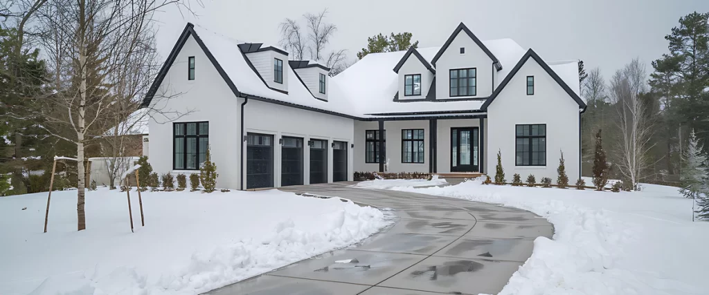A long concrete driveway cleared of snow leading to a stunning white modern farmhouse with black trim during a heavy winter season.