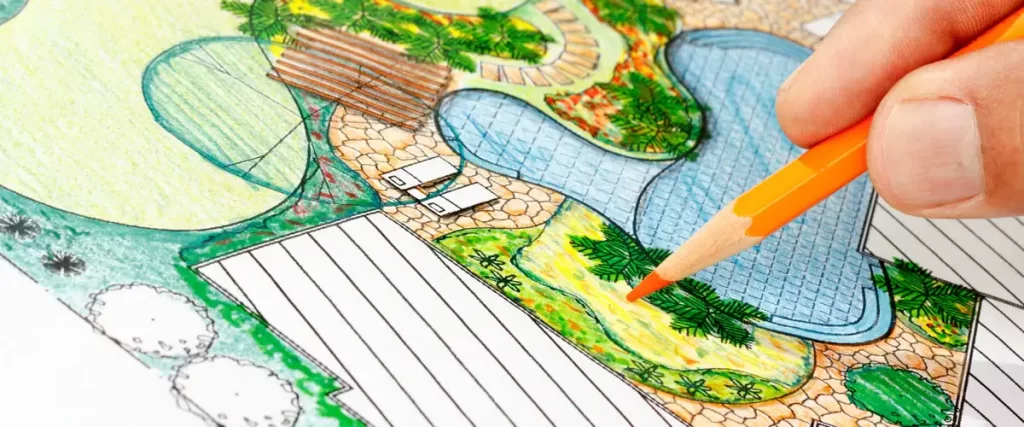 A detailed blueprint and planning layout for a backyard koi pond project.