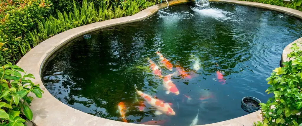 A wide view of a circular stone-lined koi pond featuring several orange and white fish surrounded by green ferns and bushes.